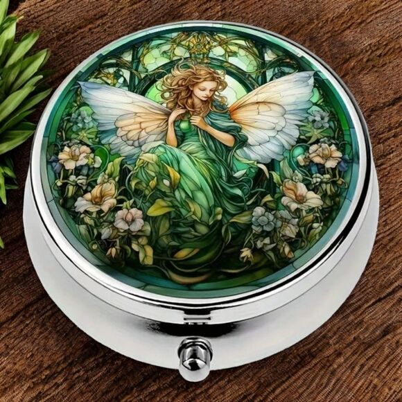 Fairy Elf Pixie Angel Pill Box Medicine Mini Tin Case Mirrored Travel Purse Size - Picture 4 of 8
